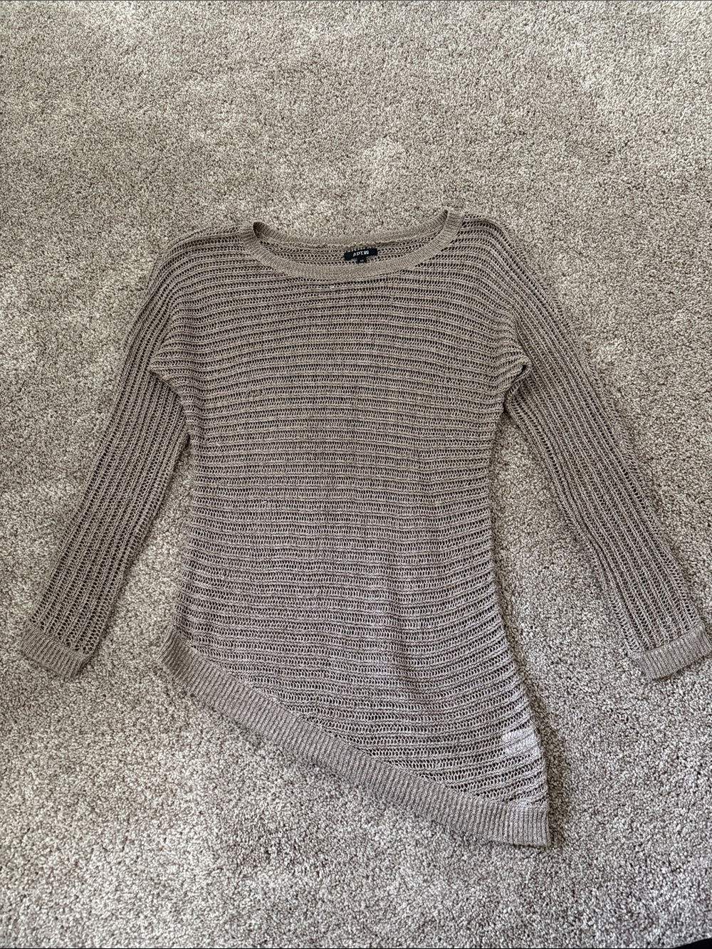 Open-Knit Asymmetric Scoop Neck Sweater in Taupe and gold - Picture 1 of 5